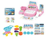 LEBKFT Interactive Cash Register Toy for Kids 3+, Pretend Play Shop with Scanner Sounds Play Money Coins Shopping Basket Credit Card and Food Role Play Toys for Boys and Girls Gift (Pink)