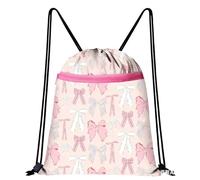LEBKFT Pink Bow Drawstring Bag, Waterproof Swim PE Bag for Women and Girls Large Capacity Draw String Gym Bag Cute Coquette Sports Backpack for School Swimming Travel Fitness Hiking Picnic (Type A)
