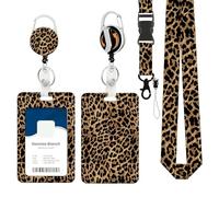 LEBKFT Sliding Badge Holders, Leopard Plastic Case with Retractable Badge Reel Carabiner Clip and Detachable Lanyard Strap Vertical ID Protector for Office Worker Teacher Student Nurse (Brown)