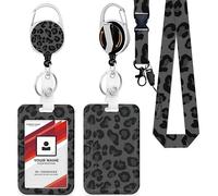 LEBKFT Sliding Badge Holders, Leopard Plastic Case with Retractable Badge Reel Carabiner Clip and Detachable Lanyard Strap Vertical ID Protector for Office Worker Teacher Student Nurse (Grey)