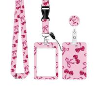 LEBKFT Sliding Badge Holders, Plastic Card Holder with Retractable Badge Reel Carabiner and Detachable Lanyard Vertical ID Protector for Office Worker Teacher Student Nurse (Cherry Bow)