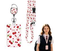 LEBKFT Sliding Badge Holders, Plastic Card Holder with Retractable Badge Reel Carabiner and Detachable Lanyard Vertical ID Protector for Office Worker Teacher Student Nurse (Cherry B)
