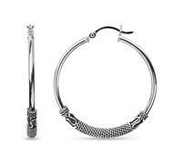 LeCalla 925 Sterling Silver Balinese Hoop Earrings Jewelry | Lightweight Medium Large Antique Bali Style Earring Hoops for Women - 38mm