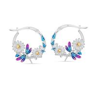 LeCalla 925 Sterling Silver Dragonfly Earrings with Daisy Flowers | Blue Enamel Crystal Design Dragonfly Hoop Earring | Nature-Inspired Round Animal Earrings Hoops Jewelry Gift for Women Mother 20MM