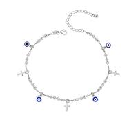 LeCalla 925 Sterling Silver Evil Eye Ankle Bracelets for Women | Adjustable Round Bead Ball Chain Anklet with Evil Eye & Cross Charm | Foot Jewelry Gifts for Women Wife Girlfriend 11 Inches