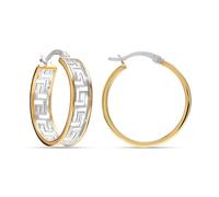 LeCalla 925 Sterling Silver Greek Key Hoop Earrings for Women | Two-Tone Greek Wall Cut-Out Pattern Earring | Round Click-Top Earring Hoops 25MM