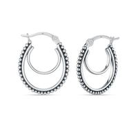 LeCalla 925 Sterling Silver Oxidized Oval Hoop Earrings for Women | Antique Textured Beaded Double Hoop Earrings | Click Top Vintage Style Hoops | Lightweight Jewelry 20MM