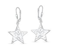 LeCalla 925 Sterling Silver Star Earrings for Women | Hammered Twinkle Wishing Star Dangle Earrings | Hypoallergenic Handmade Leverback Earring | Women's Silver Celestial Shooting Star Earring 35MM