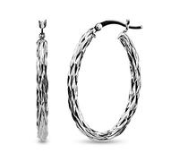 LeCalla 925 Sterling Silver Textured Hoop Earrings for Women | Rhodium-Plated Diamond-Cut Hoops Earring | Oval Shape Click-Top Hoop Earring 35MM