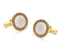 LeCalla Men's Cuff Links 925 Sterling Silver | 14K Gold-Plated Mens Jewelry | Round Mother of Pearl Greek Key Cufflink for Suit Shirt Accessories for Men Dad Father Grand-Father