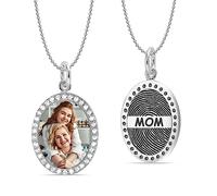 LeCalla Personalized Customized Engraved Text With Finger Print on Back | Custom Photo on Front CZ Frame Oval Pendant Memorial Thumb Print Necklace for Women | Gift for Wife, Friend, Mother