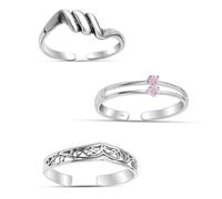 LeCalla Set of 3 Pcs 925 Sterling Silver CZ Toe Rings for Women | Pink CZ Twisted Seashell Filigree Design Toe Ring | Adjustable Cuff Toe Rings Set Summer Beach Foot Jewelry