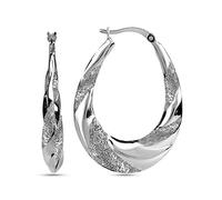LeCalla Sterling Silver Hoop Earrings High Polish Matte-Finish Textured Shrimp Classic Oval Hoops Earring for Women - 38MM