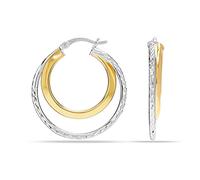 LeCalla Sterling Silver Jewelry Two-Tone Diamond-Cut Double-Circle Click-Top Hoop Earrings for Women - 30MM