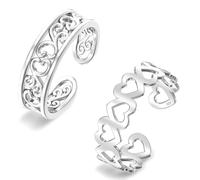 LeCalla Valentine’s Day Gift 2 Pcs 925 Sterling Silver Toe Rings for Women | Alternating Open Hearts and Hawaiian Leaf Open Adjustable Toe Ring Band | Minimalistic Summer Beach Foot Jewelry