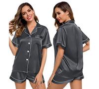 LecGee Womens Silk Satin Pajamas Set Short Sleeve Sleepwear Button Down Nightwear Soft Pj Lounge Sets, Dark Silver-03, L