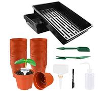 Lechansen 8cm Plastic Plant Pots Flower Pots with 4pcs Seedling Trays,50pcs Small Flower Nursery Seedling Pots Kit with Plastic Watering Bottle, Plants Labels, Marker Pen for Gardener