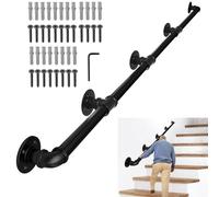 Lechansen Handrail for Staircase, 440cm Black Wrought Iron Pipe Handrail for Indoor Outdoor Banister Staircase, Wall Mount Anti-Slip Steps Grab Bars for Stair, Diameter 3.2cm