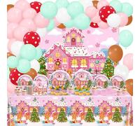 Lecheme Gingerbread Party Decorations: Pink Christmas Banner Gingerbread House Plates Napkins Tablecloth Balloons for Girls Winter Holiday Party Supplies Serve 24