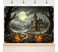 Lecheme Halloween Backdrop Creepy Castle Party Banner Full Moon Evil Pumpkin Horror Night Photo Background Spooky Photography Backdrop for Halloween Party Decorations (Gray, 8x6 Ft)