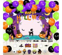 Lecheme Halloween Party Decorations Kit: Spooky Moon Backdrop Trick or Treat Ghost Spider Photo Props Black Orange Purple Green Balloons Party Supplies for Halloween Birthday