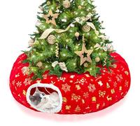 LECHONG 3-in-1 Christmas Cat Tunnel Bed & Tree Skirt, Warm & Cozy Double-Sided Fleece Hideout w/Detachable Mat, Deter Cats Damage Xmas Tree Decor, Festive Coziness
