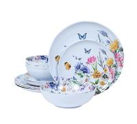 Lechoo 12 Piece Melamine Dinnerware Sets - Plates And Bowls Sets Floral Dinnerware Sets- Spring Camping Dishs Indoor Outdoor Use,Flowers And Butterflies Pattern