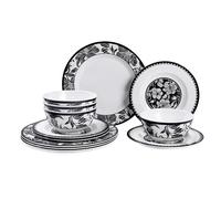 Lechoo Melamine Dinnerware Sets 12pcs-Melamine Plates and Bowls Set Black Flower Lily Pattern Indoor Outdoor Use Unbreakable Dishwasher Safe