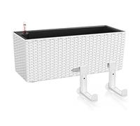 Lechuza Self Watering Pot BALCONERA Cottage 50 White Plastic Balcony Planter for Railing Rattan Look Planter H19 L50 W19 cm Bundle with White Balcony Brackets