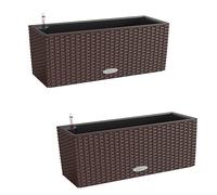 Lechuza Set of 2 BALCONERA Cottage 50 Self Watering Planter Plastic Indoor and Outdoor Flower Rattan Look Plant Pot and Window Box with Drainage Hole H19 L50 W19 cm Mocha