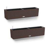 Lechuza Set of 2 BALCONERA Cottage 80 Self Watering Planter Plastic Indoor and Outdoor Flower Rattan Look Plant Pot and Window Box with Drainage Hole H19 L80 W19 cm Mocha