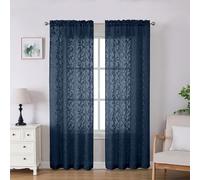 Lecloud Leia 2 Panels Navy Blue Sheer Curtains 84 Inches Long, Light Filtering Clip Textured Voile Living Room Curtain with Dula Rod Pockets, Farmhouse Jacquard Leaf Bedroom Drapes, 38x84 Inch