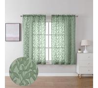 Lecloud Leia 2 Panels Semi Sage Green Sheer Curtains 45 Inch Length, Light Reducing Jacquard Clip Small Window Curtain Bedroom/Living Room/Kitchen, Farmhouse Leaves Voile Drapes Rod Pockets, 38W x 45L