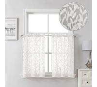 Lecloud Leia 2 PCS Ivory Sheer Kitchen Curtains 36 Inch Length, Breathable Clip Textured Leaf Cafe Bedroom Voile Curtain Tiers, Dual Rod Pockets Jacquard Bathroom Bedroom Drapes, 40 W x 36 L