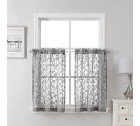 Lecloud Leia 36 Inch Charcoal Grey Sheer Curtains Tiers 2 Panels, Clip Textured Cafe/Bedroom/Living Room/Kitchen Gray Curtain for Small Window, Jacquard Leaf Drapes with Dual Rod Pockets, 38x36 Inches