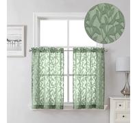 Lecloud Leia 36 Inch Sheer Curtains Sage Green Tiers for Kitchen 2 Pieces, Double Rod Pockets Window Living Room Curtain for Small Window, Jacquard Leaves Voile Bathroom/Bedroom Drapes, 38x36 Inches
