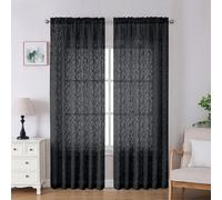 Lecloud Leia Black Sheer Curtains 90 Inches Long 2 Panels, Airy Leaf Textured Jacquard Drapes, Light Filtering & Privacy Dual Rod Pocket Window Curtains for Living Room Bedroom, 52" W x 90" L