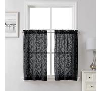 Lecloud Leia Black Sheer Kitchen Curtains 36 Inch Length 2 Panels, Jacquard Leaf Textured Voile Short Curtains, Dual Rod Pocket Semi Sheer Tiers for Bathroom Bedroom Living Room, 30" W x 36" L