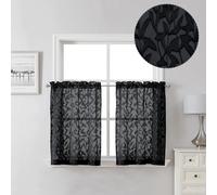 Lecloud Leia Black Valances Sheer Cafe Curtains 24 Inch Length 2 Pieces, Jacquard Textured Leaf Voile Kitchen Curtain Tiers with Dual Rod Pockets, Clip Farmhouse Bedroom Living Room Valance, 38W x 24L