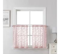 Lecloud Leia Blush Pink Kitchen Sheer Curtains 24 Inch 2 Pcs, Jacquard Leaf Textured Voile Short Curtain Tiers with Rod Pocket, Soft Airy Bathroom Bedroom Curtains for Small Windows, 30" W x 24" L