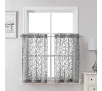 Lecloud Leia Charcoal Grey Sheer Kitchen Curtains 30 Inch Length 2 Pcs, Leaf Textured Voile Classic Jacquard Tiers, Dual Rod Pocket Window Treatments for Bedroom Living Room, 30" W x 30" L