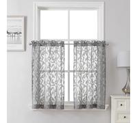 Lecloud Leia Charcoal Grey Sheer Kitchen Curtains 36 Inch Length 2 Panels, Jacquard Leaf Textured Voile Short Curtains, Dual Rod Pocket Semi Sheer Tiers for Bathroom Bedroom Living Room, 28" W x 36" L