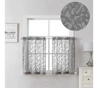 Lecloud Leia Clip Leaf Charcoal Grey Curtains Tiers Sheer Valances for Windows 24 Inch Length 2 Packs, Jacquard Textured Kitchen/Bedroom/Living Room Voile Curtain with Dual Rod Pockets, 38W x 24L