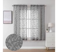 Lecloud Leia Clip Textured Charcoal Grey Sheer Curtains 63 Inch Length 2 Panels, Light Filtering Jacquard Leaf Voile Gray Curtain with Dual Rod Pockets, Kitchen/Bedroom/Living Room Drapes, 38W x 63L
