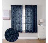 Lecloud Leia Clip Textured Navy Blue Sheer Curtains 54 Inch Length 2 Panels, Double Rod Pocket Window Living Room Curtain, Semi Voile Jacquard Leaf Farmhouse Kitchen Bedroom Drapes, 38x54 Inches