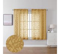 Lecloud Leia Dark Gold Semi Sheer Curtains 45 Inch Length 2 Panels, Balance Light & Privacy Jacquard Textured Voile Curtains for Kitchen Bedroom, Dual Rod Pockets Living Room Short Drapes, 40 W x 45 L
