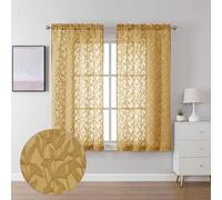 Lecloud Leia Dark Gold Sheer Curtains 54 Inch Length 2 Panels, Light Reducing Jacquard Textured Leaf Voile Bedroom Curtains, Gauzy Drapes with Dual Rod Pocket, 40 W x 54 L