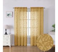 Lecloud Leia Dark Gold Sheer Curtains 72 Inches Long 2 Panels, Airy & Breathable Voile Leaf Textured Bedroom Living Room Curtains, Dual Rod Pockets Jacquard Gauzy Window Drapes, 40 W x 72 L