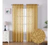 Lecloud Leia Dark Gold Sheer Curtains 84 Inches Long 2 Panels, Jacquard Textured Semi Sheer Rod Pockets Window Curtains with Leaf, Airy Gauzy Drapes for Bedroom Living Room, 40 W x 84 L