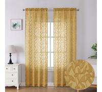 Lecloud Leia Dark Gold Sheer Curtains 90 Inches Long 2 Panels, Textured French Door Dual Rod Pockets Curtains, Farmhouse Leaf Living Room Bedroom Drapes Window Treatments, 40 W x 90 L